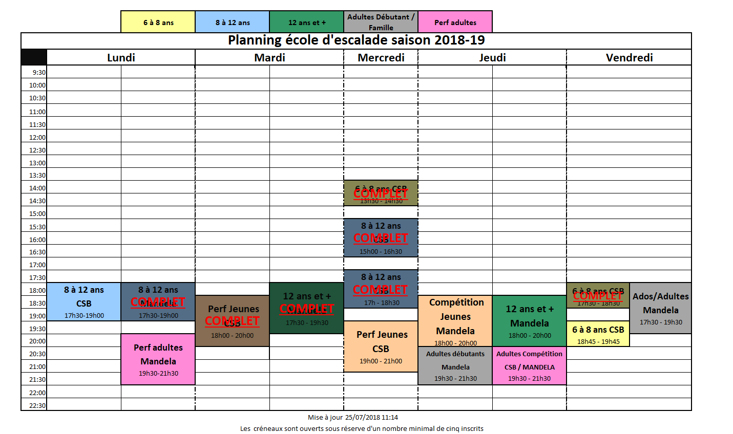 planning école d'escalade