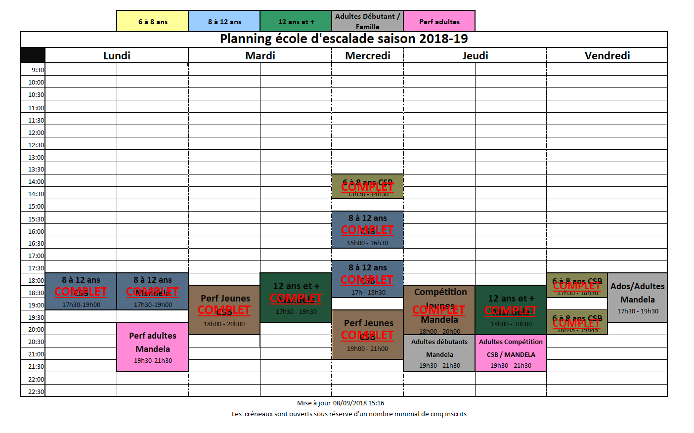 planning école d'escalade